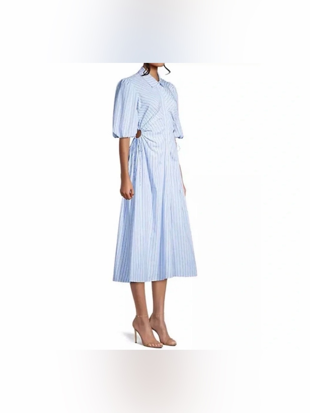 Bardot | Blue & White Stripe Midi Dress | Puff Sleeve | XL, US 10